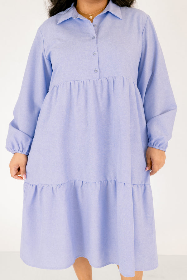 Chic Soul plus size clothing, chambray colored tiered midi dress with long bubble sleeves and buttons going down the center of the chest to the bottom of the chest as well as a collar 