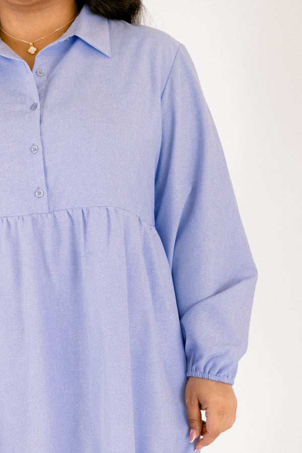 Chic Soul plus size clothing, chambray colored tiered midi dress with long bubble sleeves and buttons going down the center of the chest to the bottom of the chest as well as a collar 