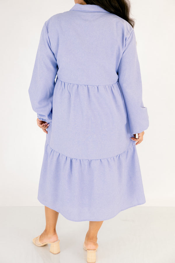 Chic Soul plus size clothing, chambray colored tiered midi dress with long bubble sleeves and buttons going down the center of the chest to the bottom of the chest as well as a collar 