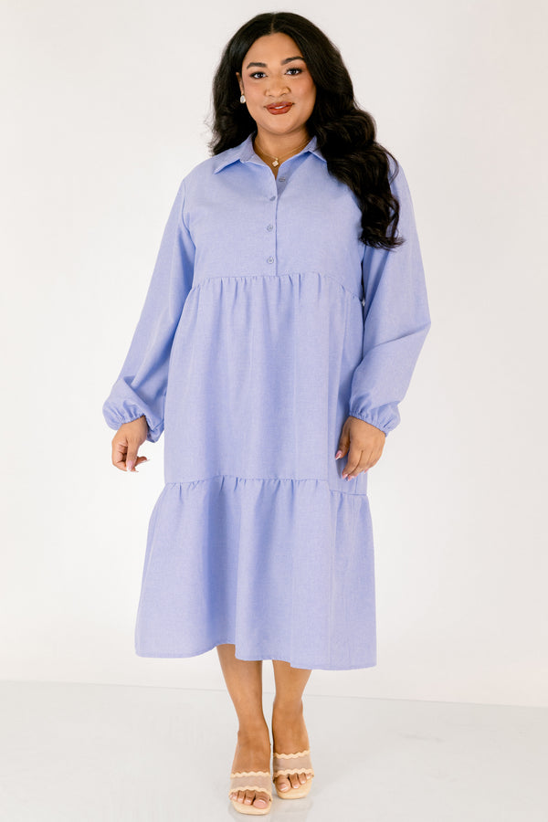 Chic Soul plus size clothing, chambray colored tiered midi dress with long bubble sleeves and buttons going down the center of the chest to the bottom of the chest as well as a collar 