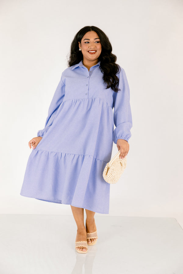 Chic Soul plus size clothing, chambray colored tiered midi dress with long bubble sleeves and buttons going down the center of the chest to the bottom of the chest as well as a collar 