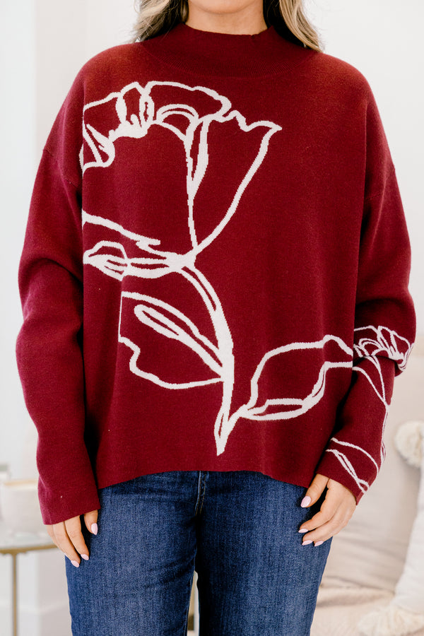 Chic Soul plus size clothing, long sleeve burgundy sweater with mock neckline and textured white floral design