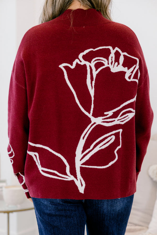 Chic Soul plus size clothing, long sleeve burgundy sweater with mock neckline and textured white floral design