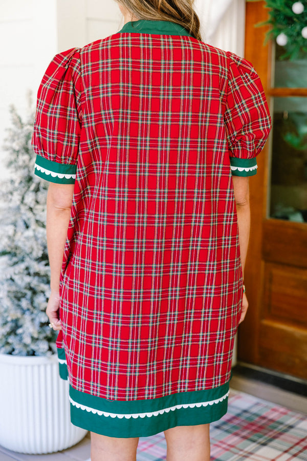 Chic Soul plus size clothing, red plaid short sleeve short dress with green and white scallop trim along neckline, bottom of the dress, and bottom of the sleeves