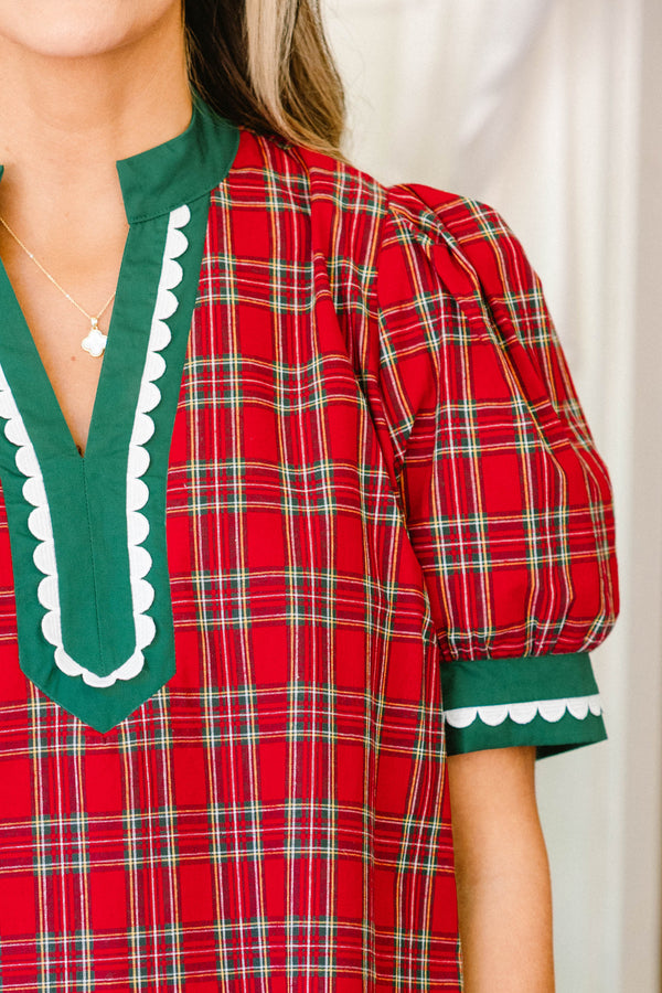 Chic Soul plus size clothing, red plaid short sleeve short dress with green and white scallop trim along neckline, bottom of the dress, and bottom of the sleeves