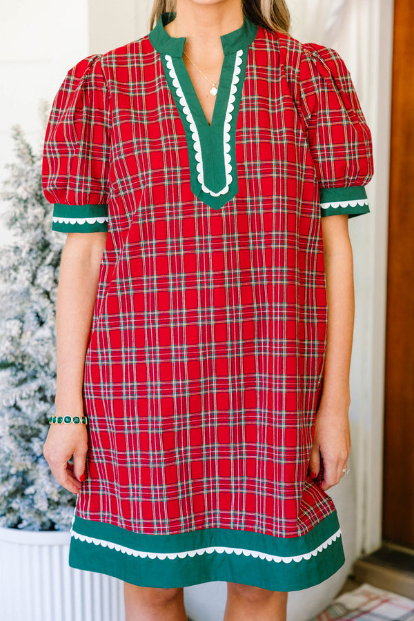 Chic Soul plus size clothing, red plaid short sleeve short dress with green and white scallop trim along neckline, bottom of the dress, and bottom of the sleeves