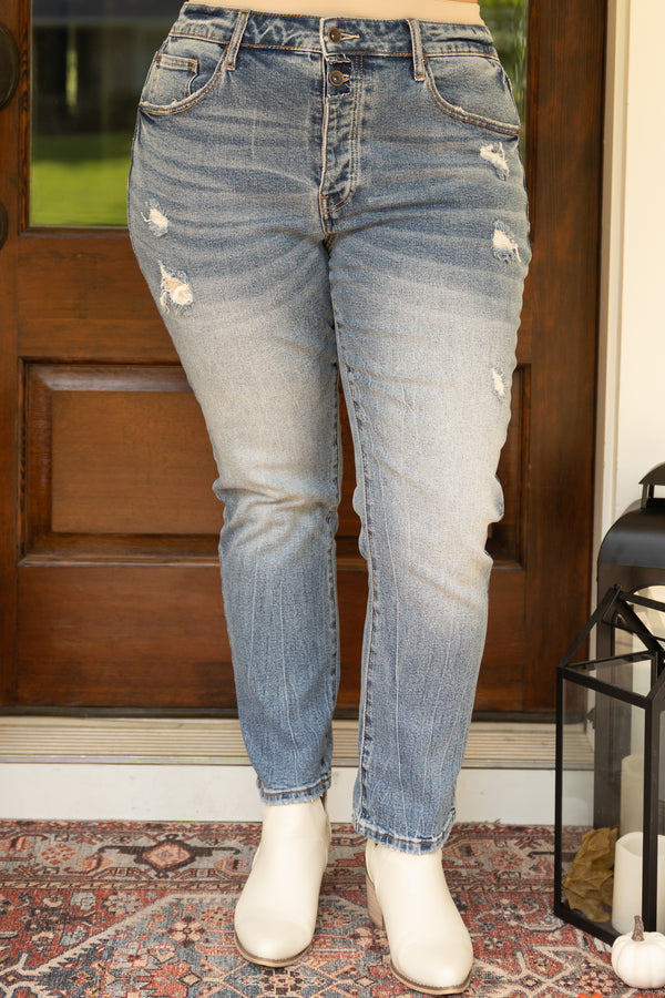 Chic Soul plus size clothing, medium wash denim mom style jeans