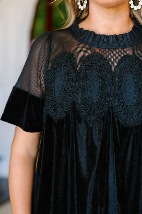 Plus Size black velvet top with a sheer mesh yoke, lace embroidery, and short sleeves.