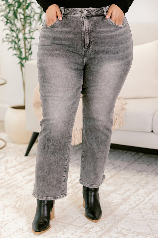 Chic Soul plus size clothing, gray acid wash straight leg slightly cropped jeans