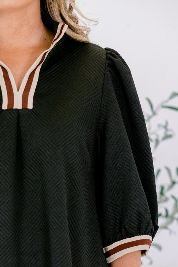 Chic Soul plus size clothing, black mid sleeve short dress with red and white trim on the sleeves and v-neckline and popped collar