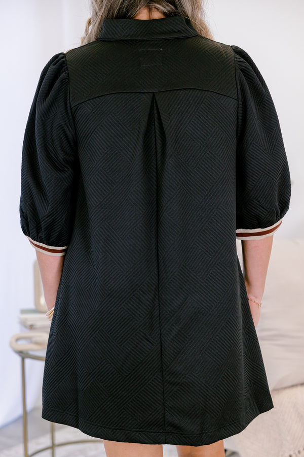 Chic Soul plus size clothing, black mid sleeve short dress with red and white trim on the sleeves and v-neckline and popped collar