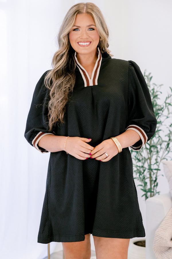 Chic Soul plus size clothing, black mid sleeve short dress with red and white trim on the sleeves and v-neckline and popped collar