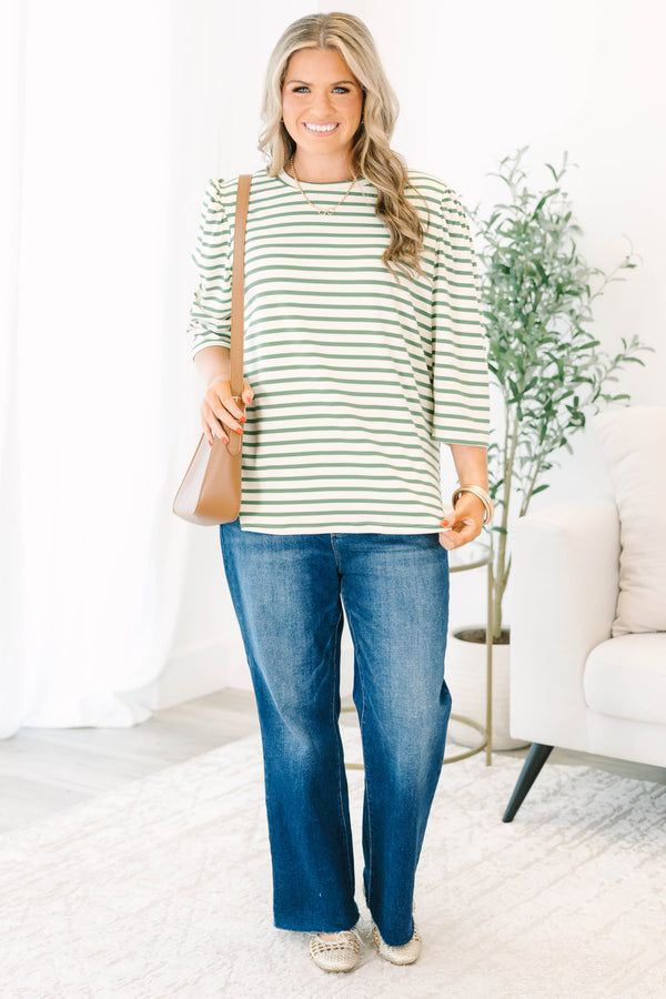Plus Size olive and white striped crew neck top with puff sleeves and a relaxed fit.