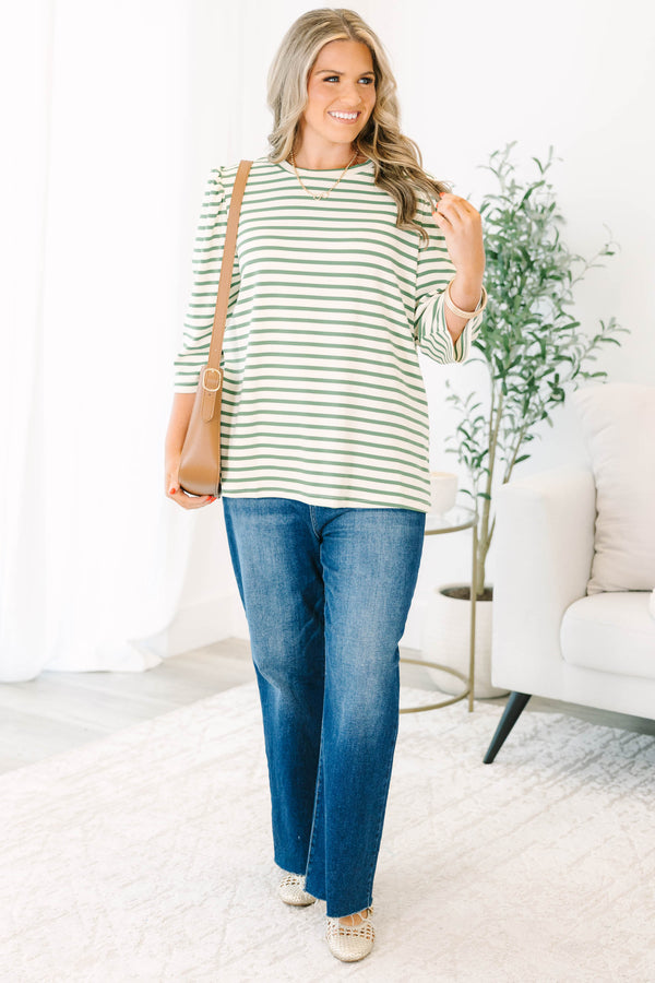 Plus Size olive and white striped crew neck top with puff sleeves and a relaxed fit.