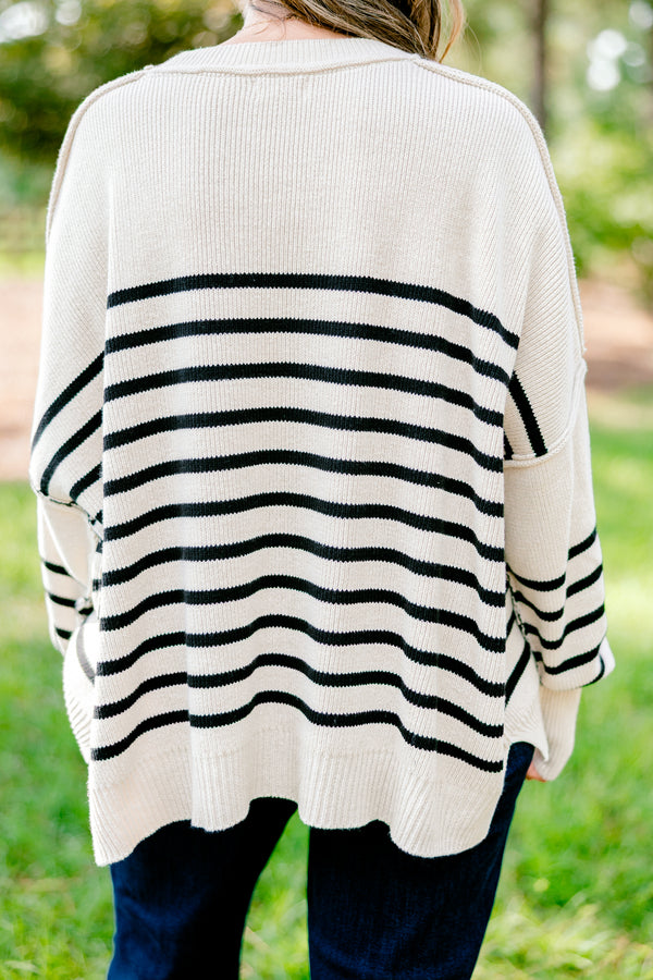 Chic Soul plus size clothing, cream long sleeve sweater with thin black horizontal stripes