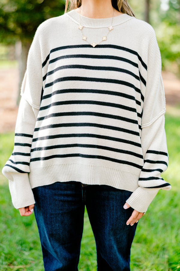 Chic Soul plus size clothing, cream long sleeve sweater with thin black horizontal stripes