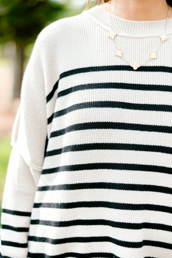 Chic Soul plus size clothing, cream long sleeve sweater with thin black horizontal stripes