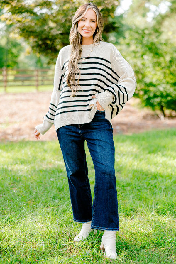 Chic Soul plus size clothing, cream long sleeve sweater with thin black horizontal stripes