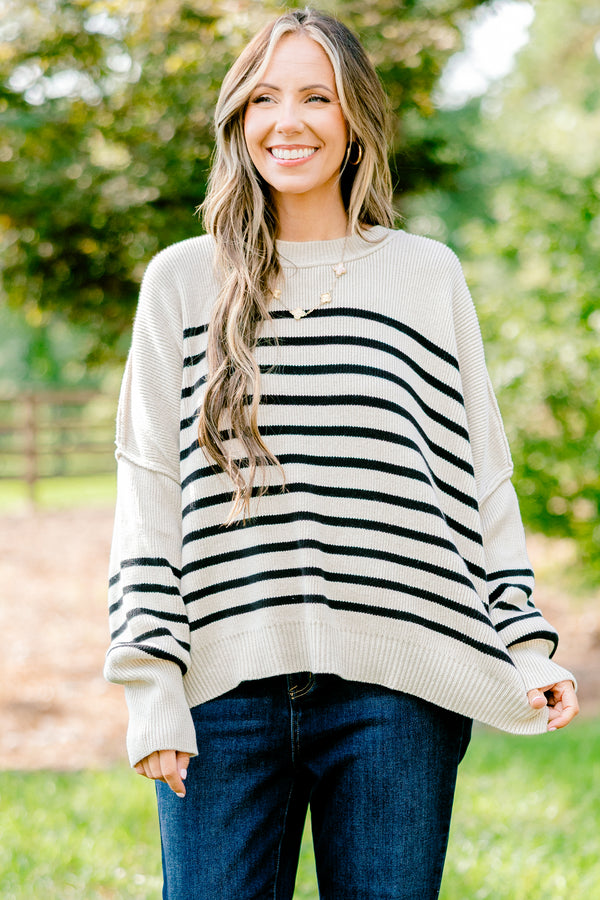 Chic Soul plus size clothing, cream long sleeve sweater with thin black horizontal stripes