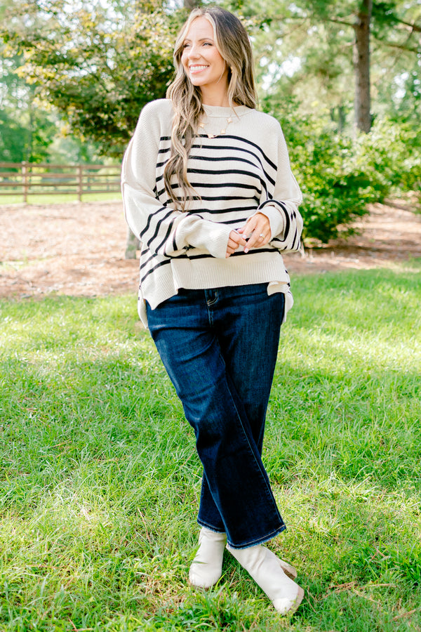 Chic Soul plus size clothing, cream long sleeve sweater with thin black horizontal stripes