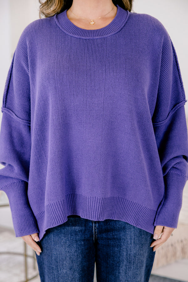 Chic Soul plus size clothing, dark purple long sleeve knit oversized crew neck sweater