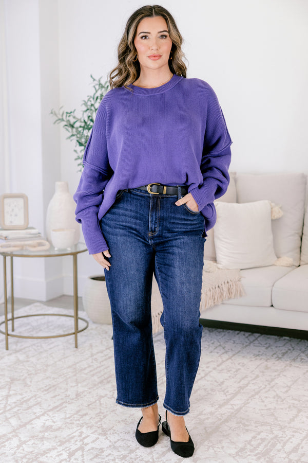 Chic Soul plus size clothing, dark purple long sleeve knit oversized crew neck sweater