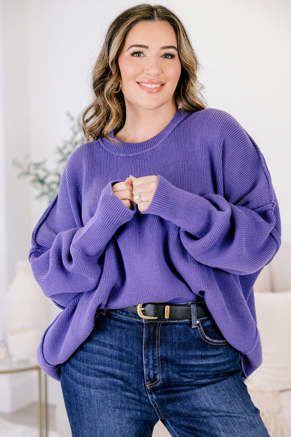 Chic Soul plus size clothing, dark purple long sleeve knit oversized crew neck sweater