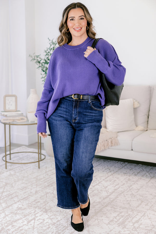 Chic Soul plus size clothing, dark purple long sleeve knit oversized crew neck sweater