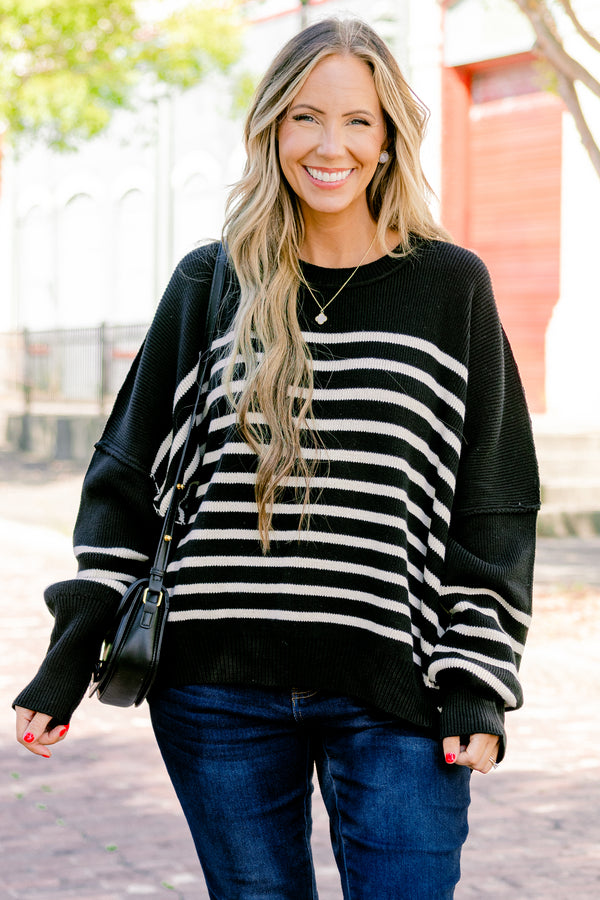 Chic Soul plus size clothing, black striped long sleeve sweater 