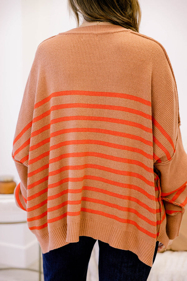 Chic Soul plus size clothing, light brown and red horizontal stripe long sleeve oversized crew neck sweater