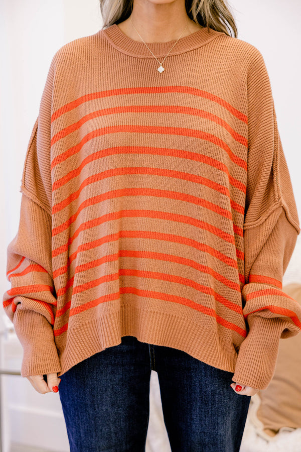 Chic Soul plus size clothing, light brown and red horizontal stripe long sleeve oversized crew neck sweater