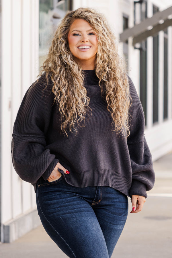 Chic Soul plus size clothing, charcoal colored shorter length sweater with slight bubble sleeves and outward seams
