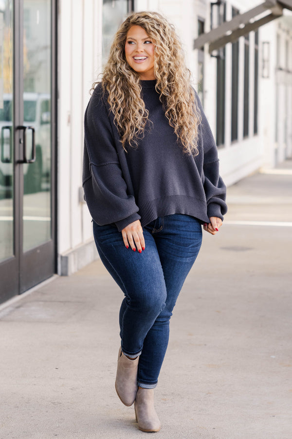 Chic Soul plus size clothing, charcoal colored shorter length sweater with slight bubble sleeves and outward seams