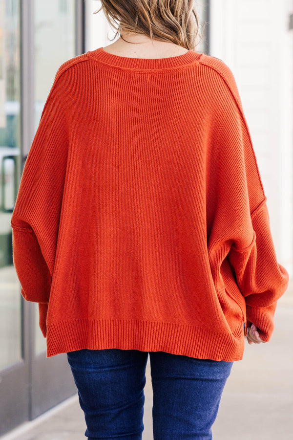 Chic Soul plus size clothing, clay colored sweater regular length, longer on the sides chunky sweater with outward seamlines
