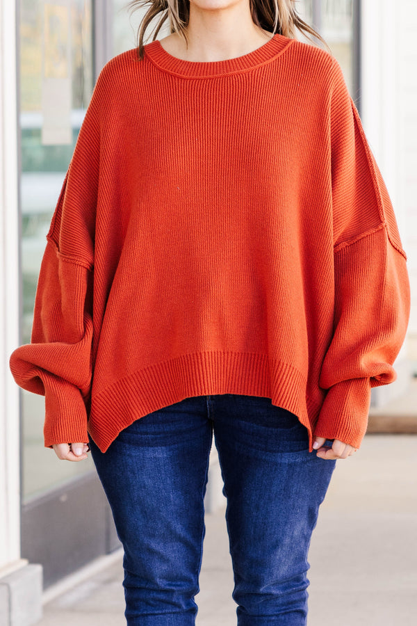 Chic Soul plus size clothing, clay colored sweater regular length, longer on the sides chunky sweater with outward seamlines