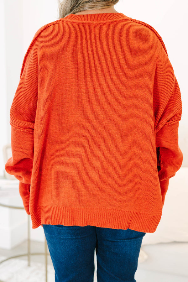 Chic Soul plus size clothing, clay colored sweater regular length, longer on the sides chunky sweater with outward seamlines