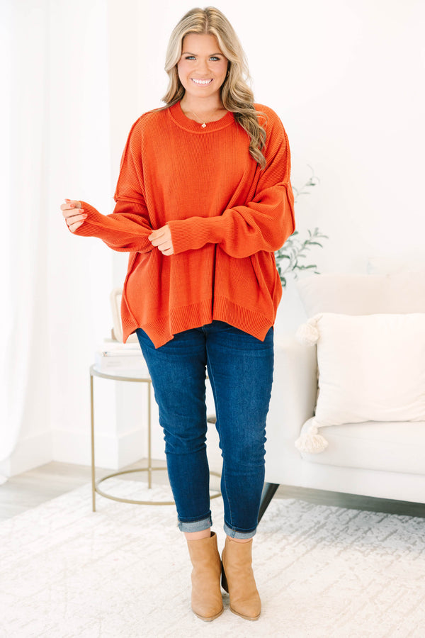 Chic Soul plus size clothing, clay colored sweater regular length, longer on the sides chunky sweater with outward seamlines