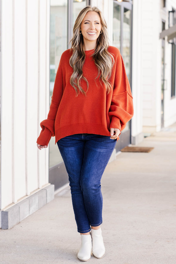 Chic Soul plus size clothing, clay colored sweater regular length, longer on the sides chunky sweater with outward seamlines