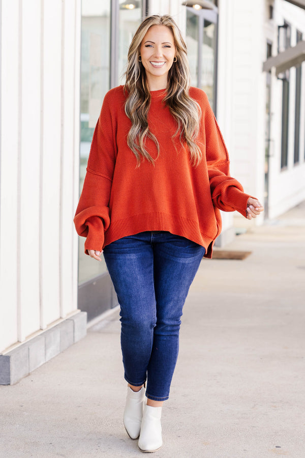 Chic Soul plus size clothing, clay colored sweater regular length, longer on the sides chunky sweater with outward seamlines