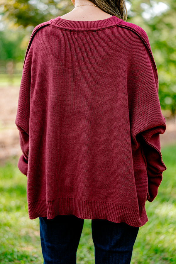 Chic Soul plus size clothing, crimson colored long sleeve sweater with a ribbed texture