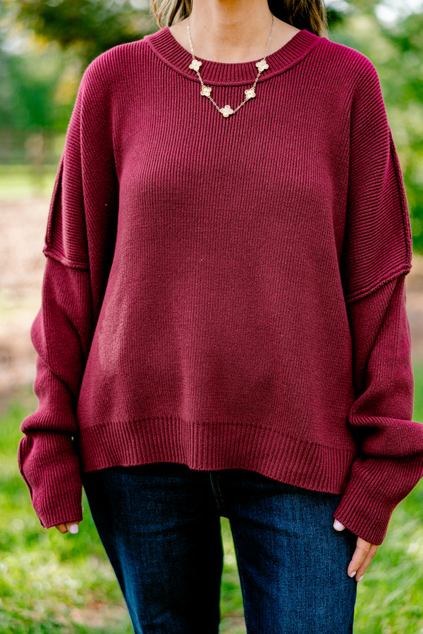 Chic Soul plus size clothing, crimson colored long sleeve sweater with a ribbed texture