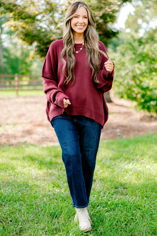 Chic Soul plus size clothing, crimson colored long sleeve sweater with a ribbed texture
