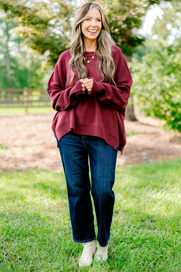 Chic Soul plus size clothing, crimson colored long sleeve sweater with a ribbed texture