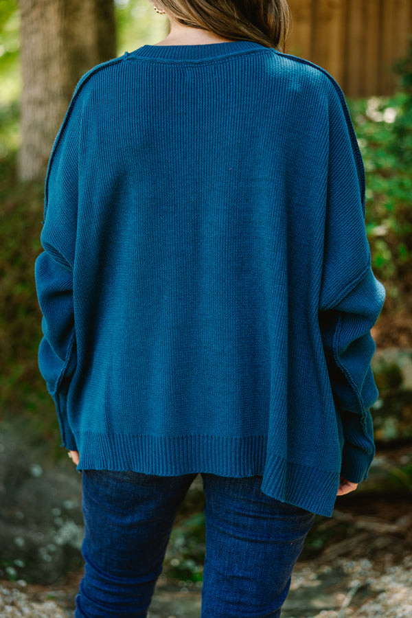 Chic Soul plus size clothing, dark blue long sleeve sweater with band around wrists and loose band around bottom