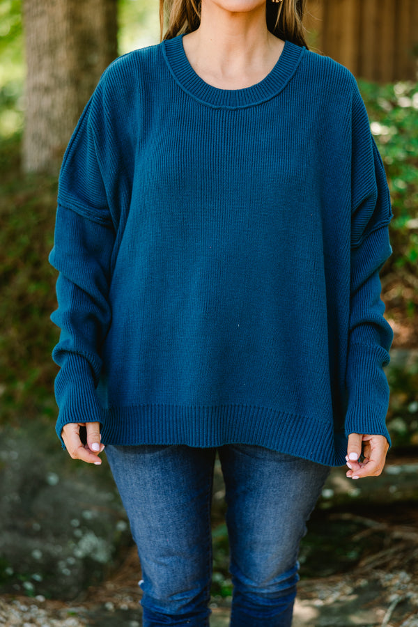 Chic Soul plus size clothing, dark blue long sleeve sweater with band around wrists and loose band around bottom