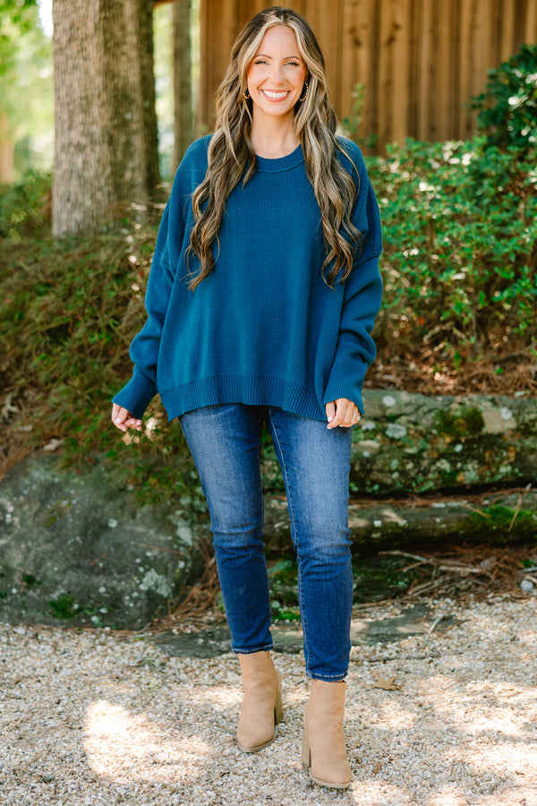 Chic Soul plus size clothing, dark blue long sleeve sweater with band around wrists and loose band around bottom