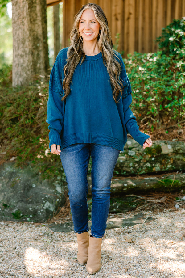 Chic Soul plus size clothing, dark blue long sleeve sweater with band around wrists and loose band around bottom