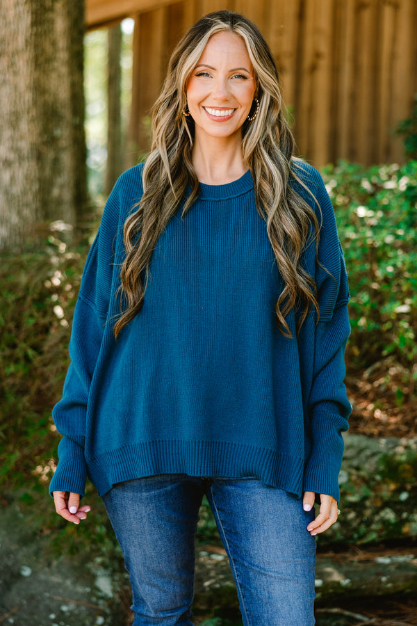 Chic Soul plus size clothing, dark blue long sleeve sweater with band around wrists and loose band around bottom