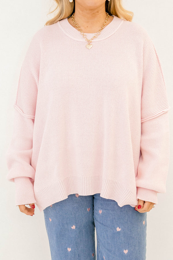 Chic Soul plus size clothing, light pink long sleeve crew neck oversized sweater