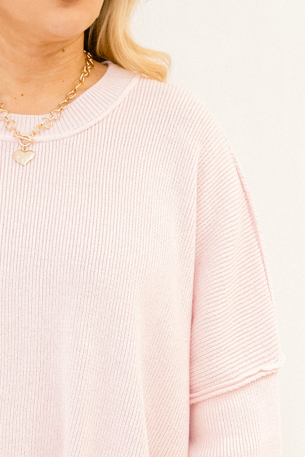 Chic Soul plus size clothing, light pink long sleeve crew neck oversized sweater